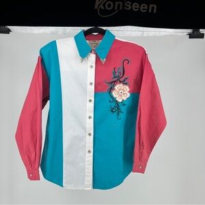 Women’s Vintage Large Pink Blue Colorblock Western Shirt with Embroidery Cotton‎